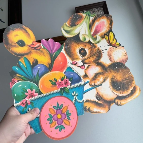 Vintage Easter Bunny Chick Egg Basket Die Cut USA Made Holiday Wall Ephemera - Picture 10 of 15